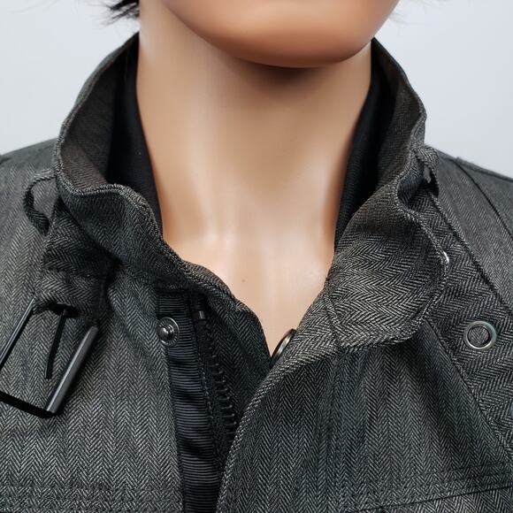 Guess Gunner Jacket Military Style Pea Coat Quilted Lined Gray Herringbone Men L - Picture 4 of 13